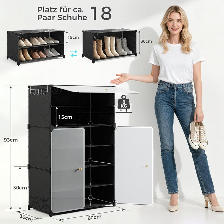 Mondeer Schuhregal, Schuhschrank 6 Ebenen mit Türen, Kunststoff Aufbewahrungsschrank mit Verstellbar