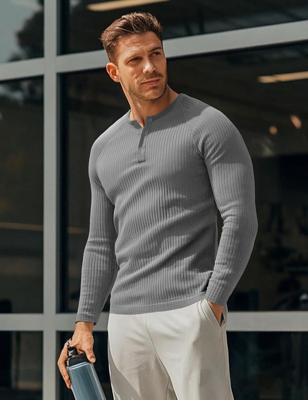 Muscle Cmdr Muscle Henley Shirt Herren Langarm, Slim-fit Langarmshirt, Freizeit T-Shirt aus Baumwoll