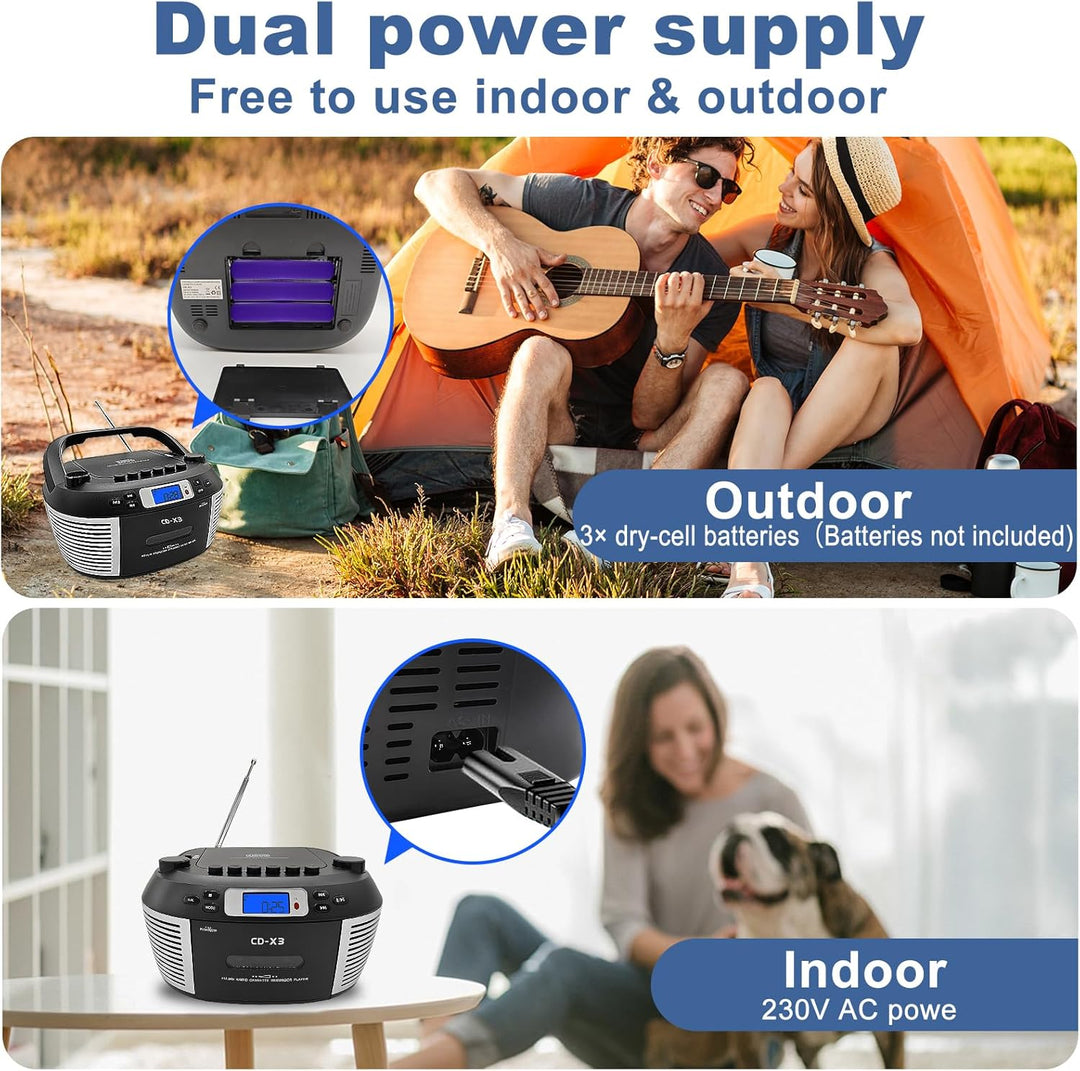 Tragbarer CD- & Kassettenplayer mit Fernbedienung – Inklusive FM/AM-Radio, USB-Wiedergabe, Bluetooth