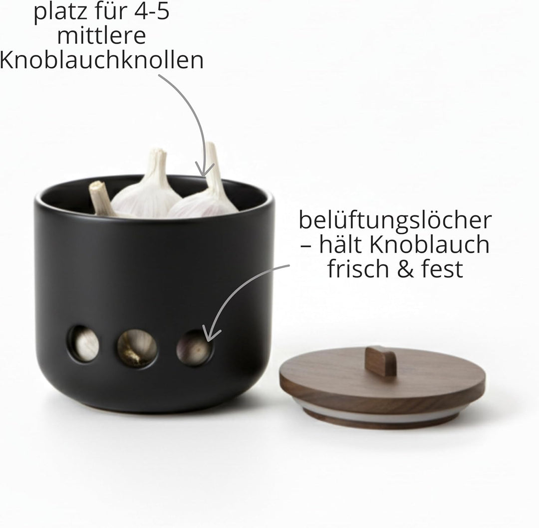 Knoblauchtopf Keramik CURVE - Belüftete Vorratsdose mit Deckel aus Akazienholz. Knoblauchbehälter fü