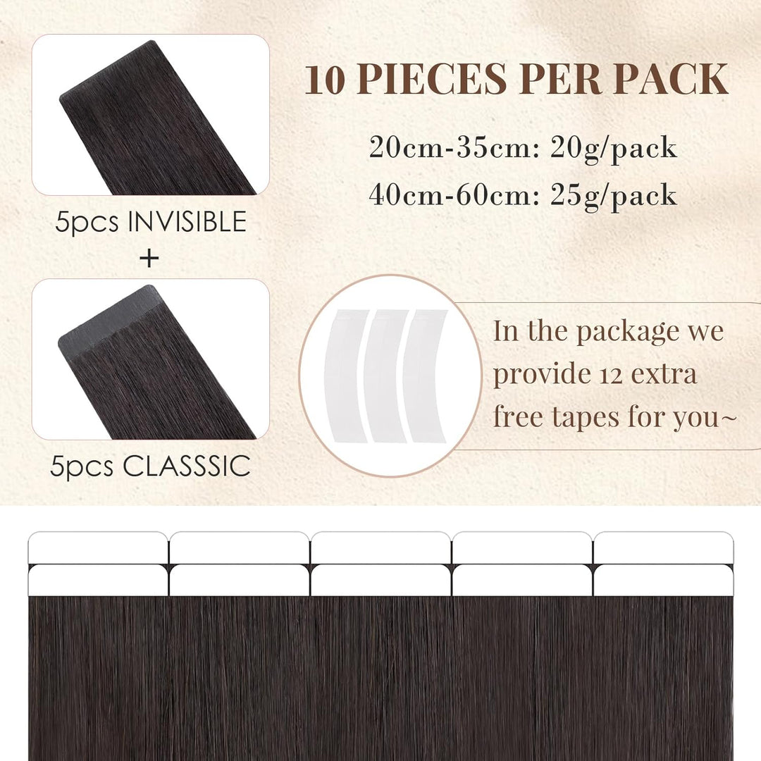 Elailite Tape Extensions Echthaar Naturschwarz, 10 Stück 20g Kleber Haarverlängerungen Invisible Gla