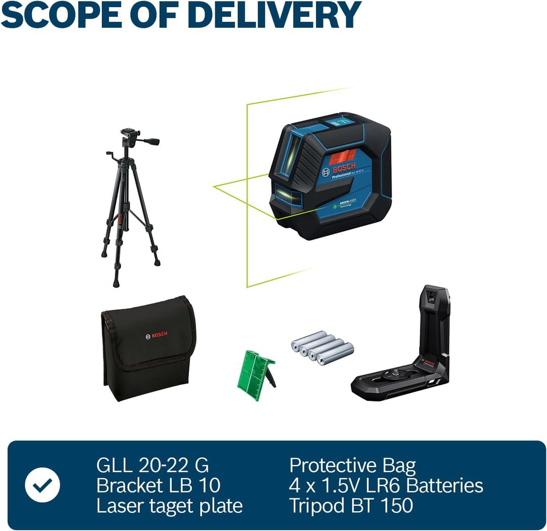 Bosch Professional Linienlaser GLL 20-22 G (Halterung LB 10, grüner Laser, Innenbereich, Dual Power