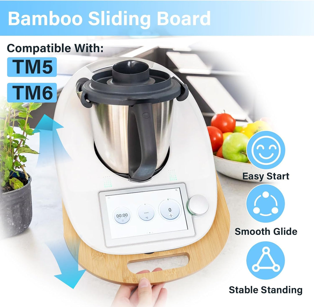 Gleitbrett für Thermomix TM6 / TM5, Holz Brett mit Rollen, Gleitbrett Zubehör mit Handgriff, Rollbre