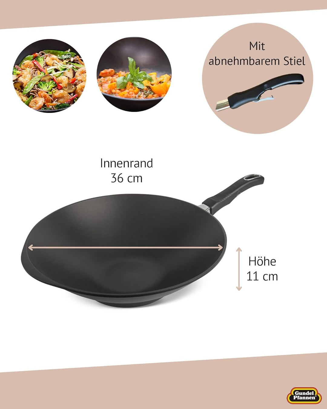Original Gundel GUSS-WOK INDUKTION, Ø 36 cm, Höhe 11 cm, Rühr-Pfanne PFOA-frei, Akku-Therm Boden - a