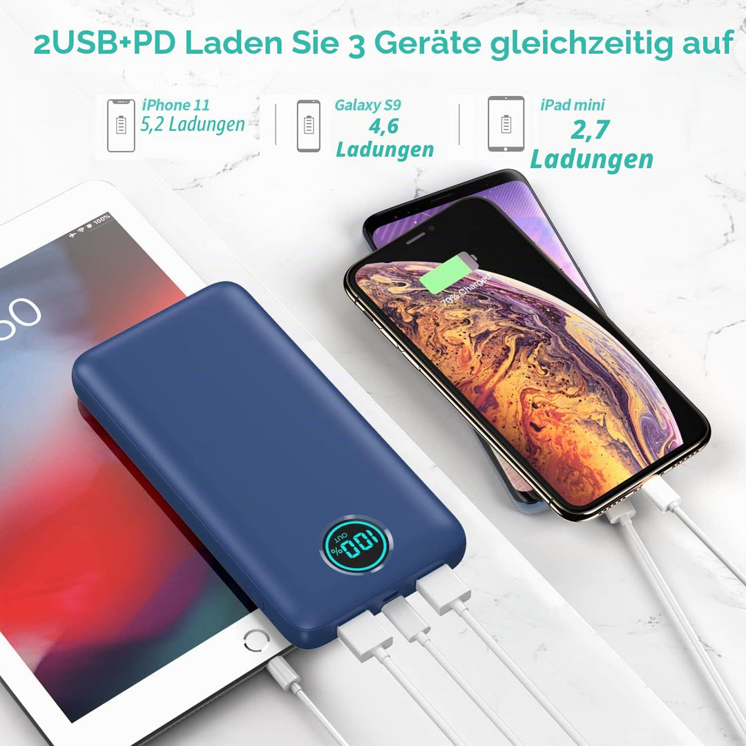 Power Bank USB C mit Kabel 26800mAh, PD 25W QC4.0 Schnellladung Powerbank, 5 Ausgängen Externe Handy