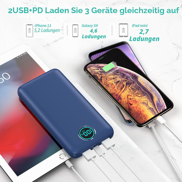Power Bank USB C mit Kabel 26800mAh, PD 25W QC4.0 Schnellladung Powerbank, 5 Ausgängen Externe Handy