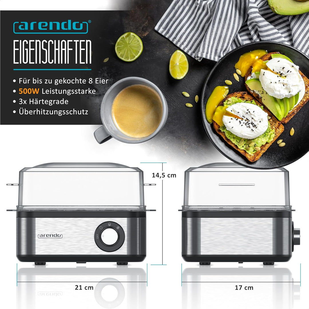 Arendo - Eierkocher Edelstahl für 1 bis 8 Eier - Egg Cooker - 500 W – Kontroll Leuchte – Drehregler