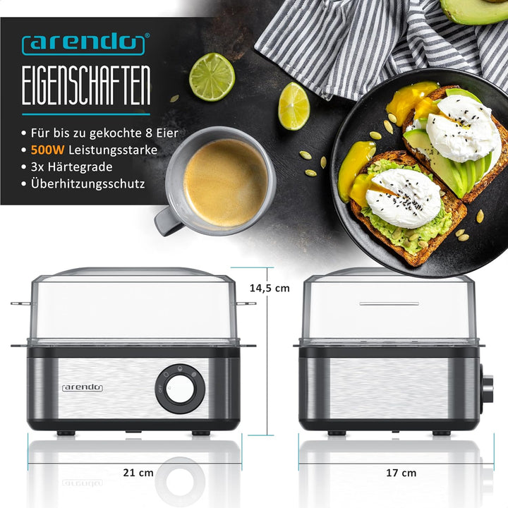 Arendo - Eierkocher Edelstahl für 1 bis 8 Eier - Egg Cooker - 500 W – Kontroll Leuchte – Drehregler