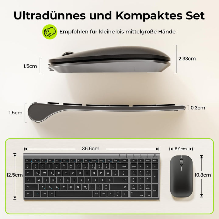 seenda Tastatur Maus Set Kabellos, Wiederaufladbare Aluminium Tastatur mit kompaktes Design, Ultradü