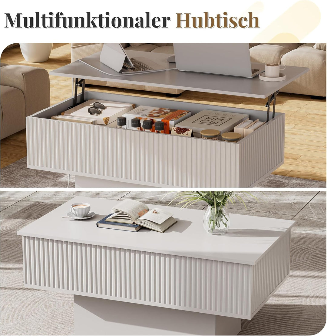 38,2" Lift-Top-Couchtisch mit Stauraum und LED-Beleuchtung, Moderner geriffelter Massivholz-Couchtis