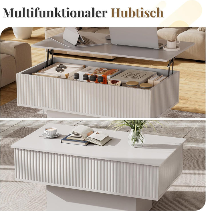 38,2" Lift-Top-Couchtisch mit Stauraum und LED-Beleuchtung, Moderner geriffelter Massivholz-Couchtis