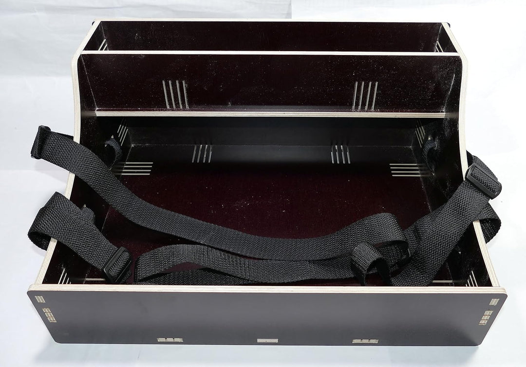Holz Bauchladen schwarz/braun mit Oberlade 2 Gurte JGA Fete Catering 42 cm x 30 cm mit schwarzem Tra
