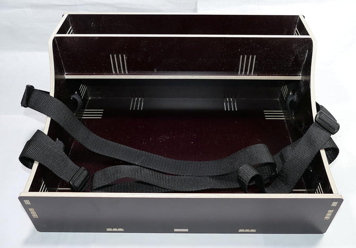 Holz Bauchladen schwarz/braun mit Oberlade 2 Gurte JGA Fete Catering 42 cm x 30 cm mit schwarzem Tra