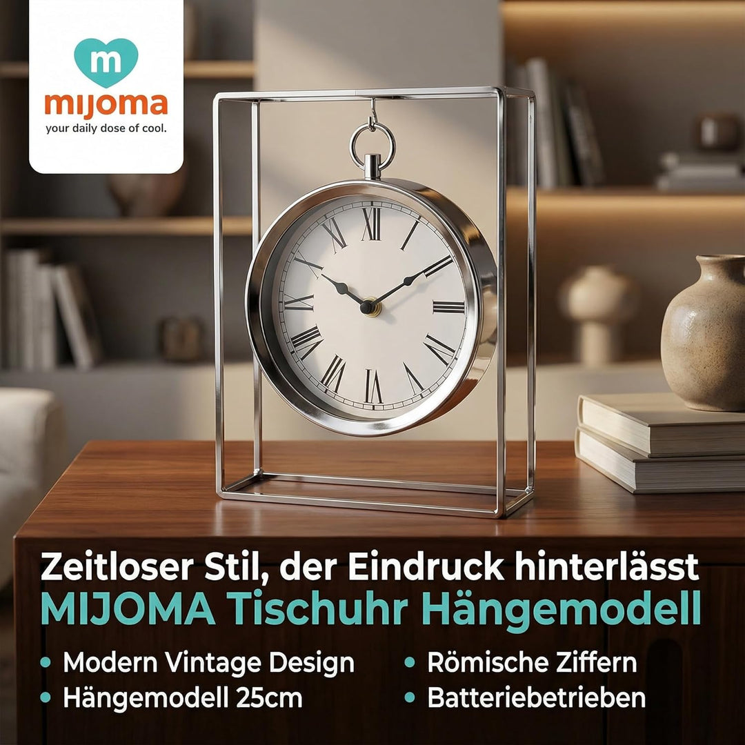 MIJOMA Tischuhr Hängemodell 25cm – Dekorative Metalluhr Silber – Römische Ziffern – Batteriebetriebe