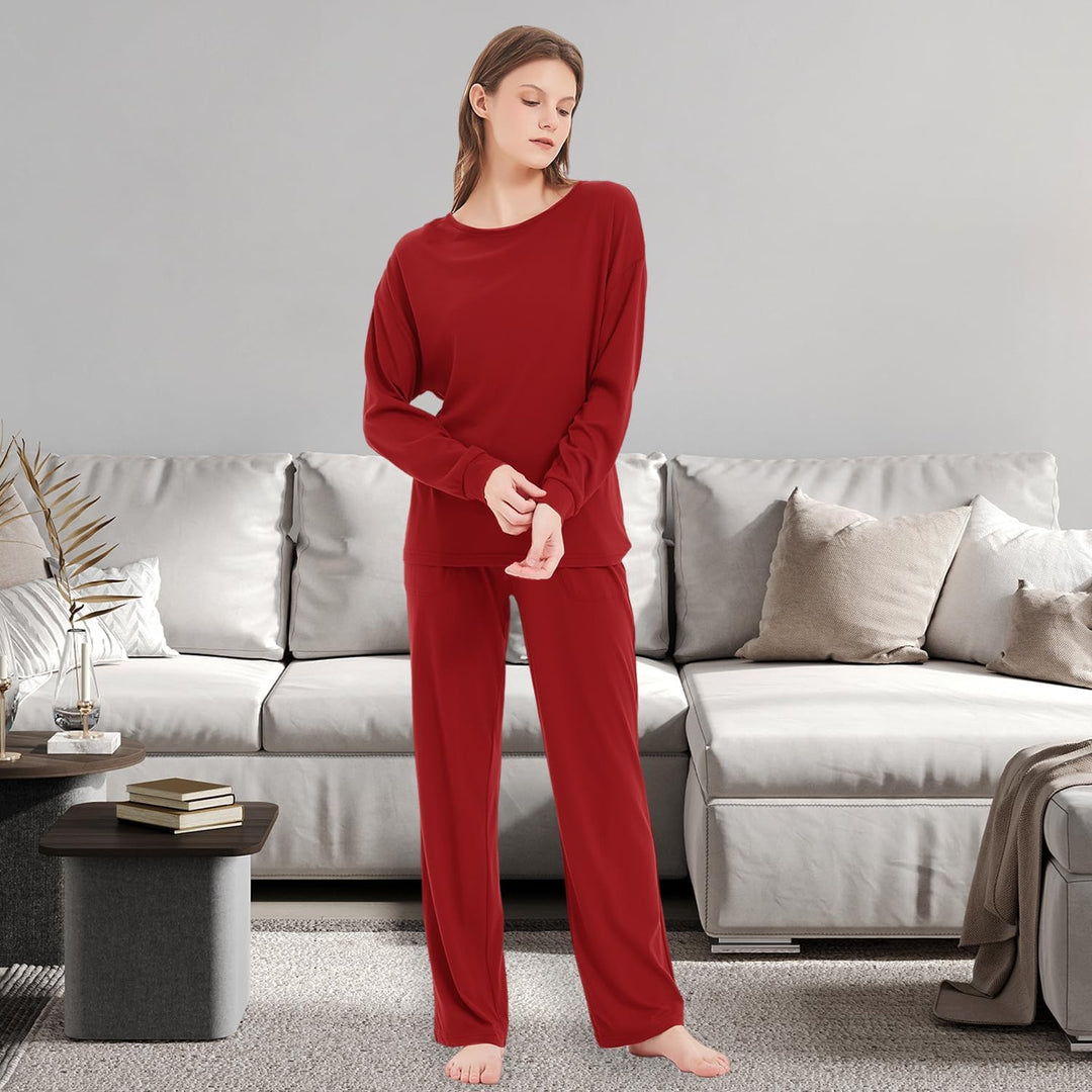 Mnamo Damen Schlafanzug Weich Gestricktes Pyjama Set Gemütliche Nachtwäsche Baumwolle und Modal Atmu