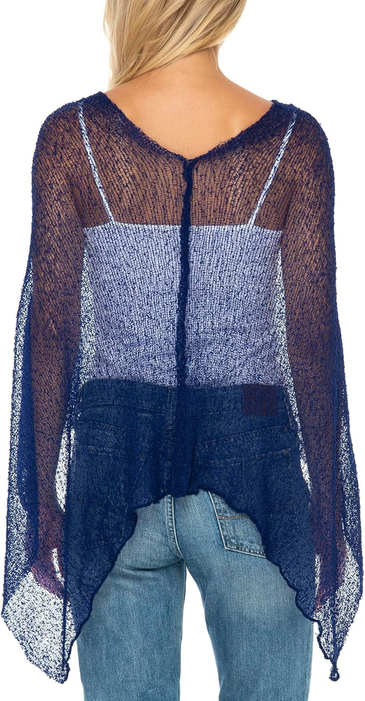 SHU-SHI - Damen Poncho-Top - transparent - leichtes Strickmaterial Dunkelblau, Dunkelblau