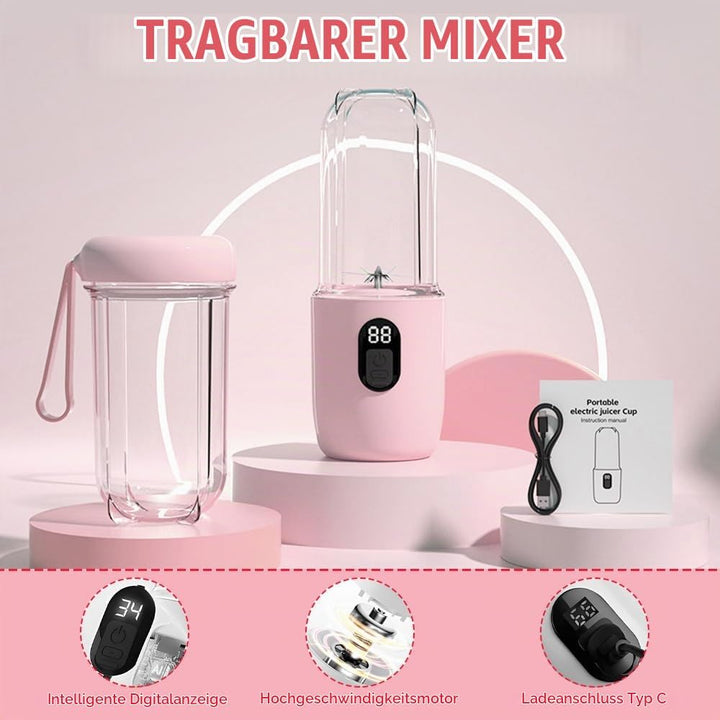 Tragbarer Mixer Smoothie Maker, 500 ml Mixer Smoothie Maker to Go mit Digitalanzeige, 16-Blatt, USB