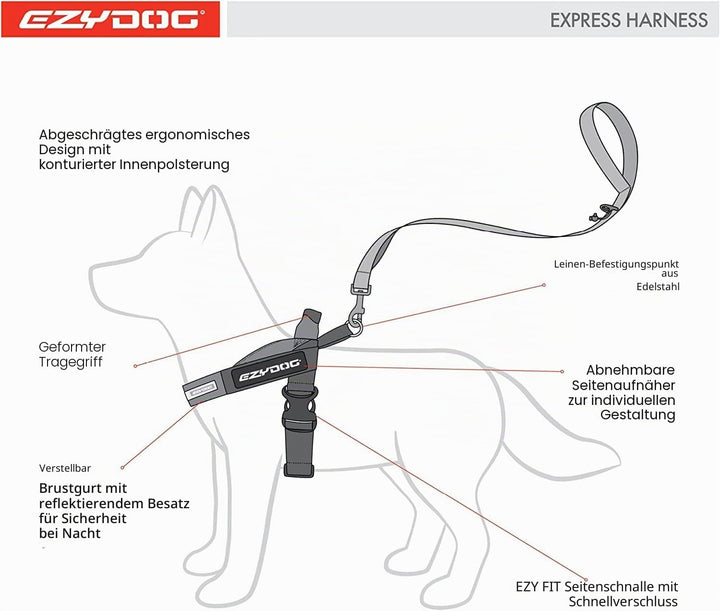 EzyDog Express Hundegeschirr - Norwegergeschirr für Kleine, Mittelgrosse und Grosse Hunde, Reflektie