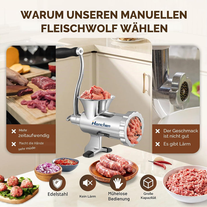 Hanchen Edelstahl Manueller Fleischwolf Haushalt Multifunktionale Einlaufmaschine Fleischmühle Wurst
