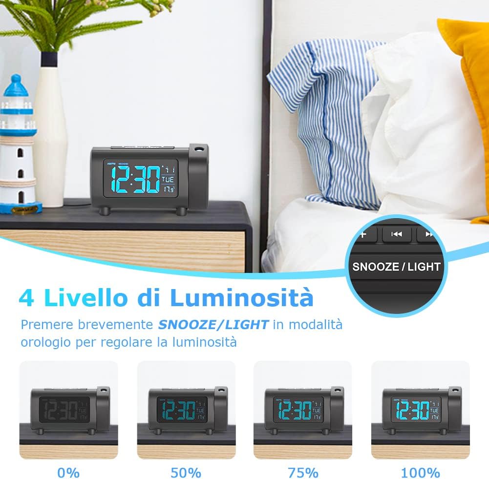 LIORQUE Projektionswecker Radiowecker Digital Wecker mit Radio Snooze Wochenendmodus Temperatur USB