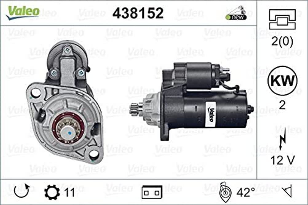 VALEO 438152 Starter Nennleistung: 2 kW Stop & Start: NO Zähnezahl: 10/11 zähne Spannung: 12 V Drehr