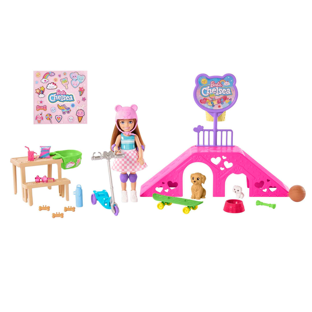Barbie Chelsea Serie, Chelsea mit braunen Haaren, Roller, Skateboard, Skaterrampe, Hund, Zubehör, 1x