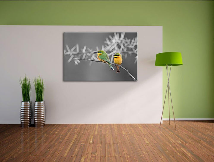 exotische Vögel auf Ast schwarz/weiss Format: 100x70auf Leinwand, XXL riesige Bilder fertig gerahmt