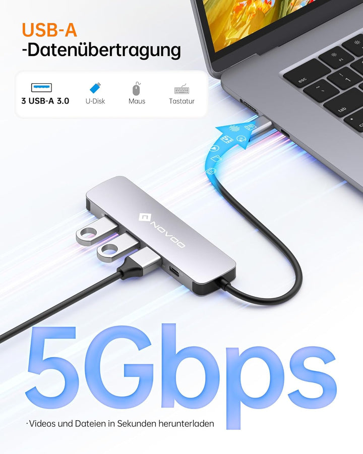 NOVOO USB C Hub Adapter MacBook Pro/Air M1 Adapter mit 4K HDMI,100W PD,3 x USB 3.0 Anschlüsse Alumin