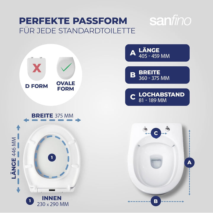 SANFINO® Premium WC Sitz mit Absenkautomatik oval – 5 Jahre Garantie – TÜV geprüfter WC Sitz mit Sch