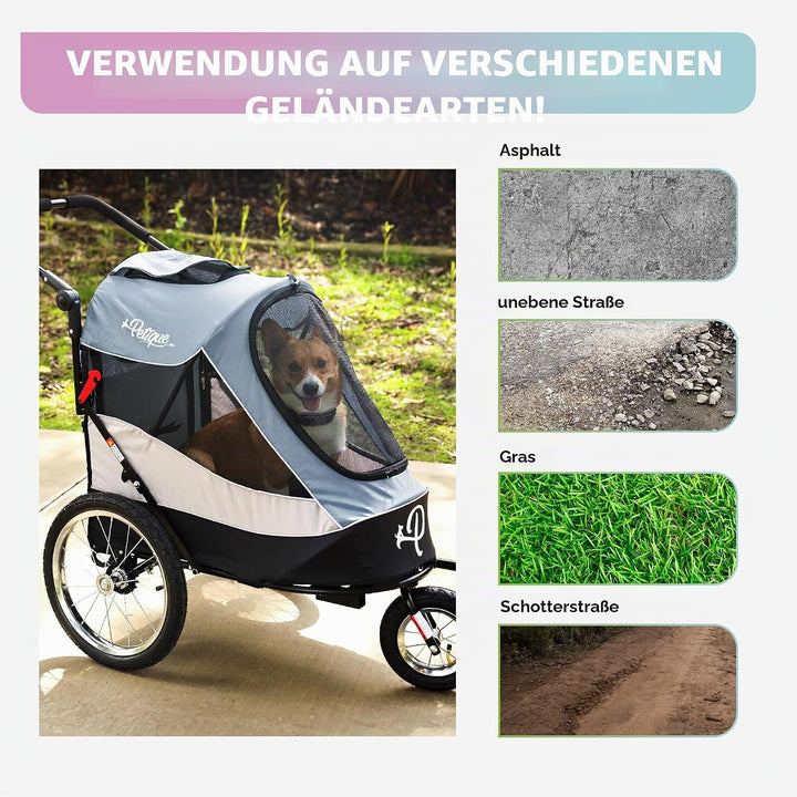 Petique Trailblazer Jogger Hundebuggy Space Gray mit Reifenpumpe, Regenhülle, Fahrrad-Adapter &amp; Sich
