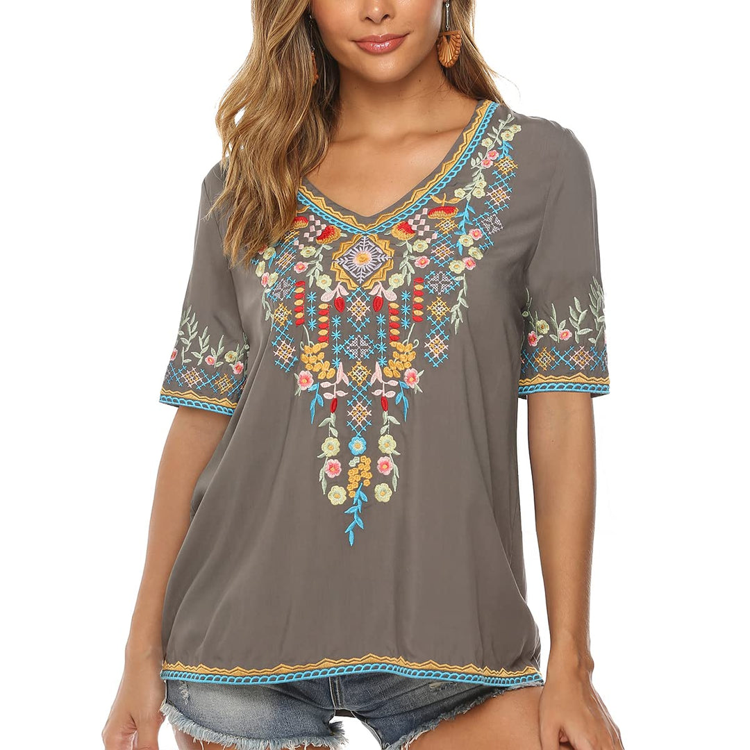 Seasonal Tunika Damen Sommer Boho Folklore Bluse mit Stickerei Oberteil Hippie Trachten Kurzarm Klei