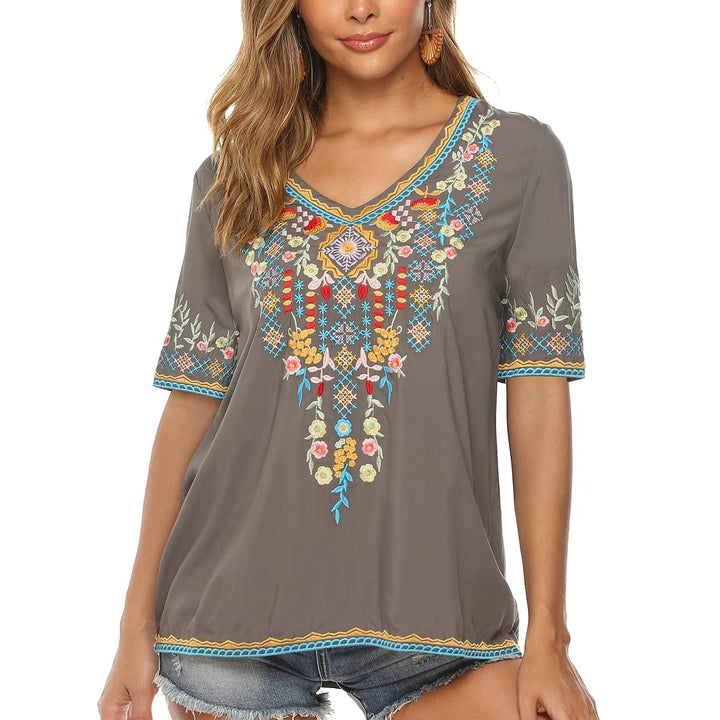 Seasonal Tunika Damen Sommer Boho Folklore Bluse mit Stickerei Oberteil Hippie Trachten Kurzarm Klei