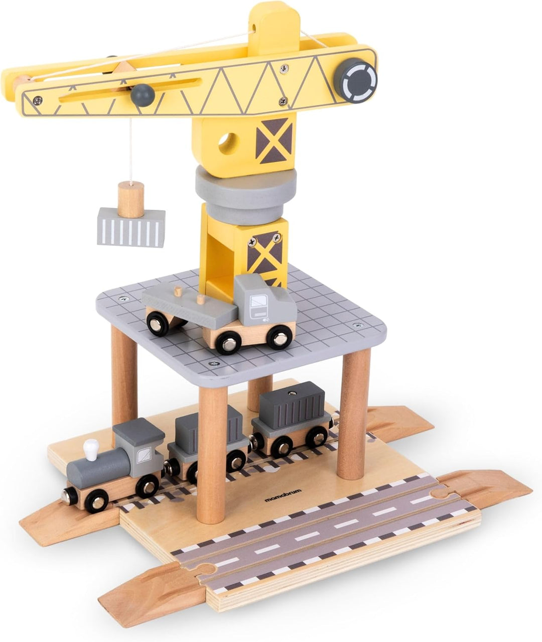 Mamabrum, Beweglicher Hafenkran mit Magnetwinde und Zubehör - Holz-Set, Beweglicher Kran, LKW, Wagen