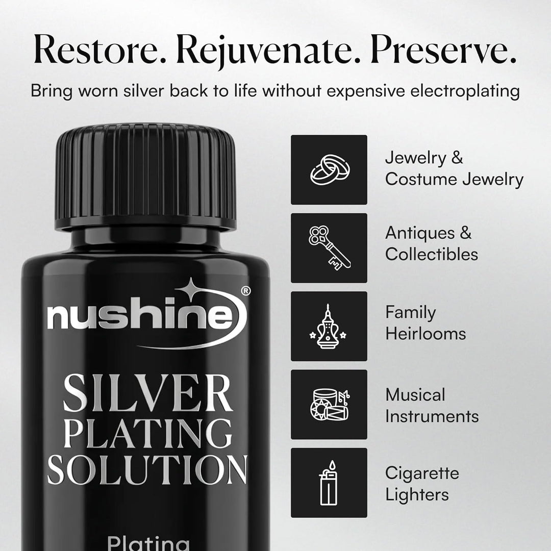 Nushine Versilberungslösung, 50 ml – dauerhaft reines Silber auf abgenutztes Silber, Messing, Kupfer