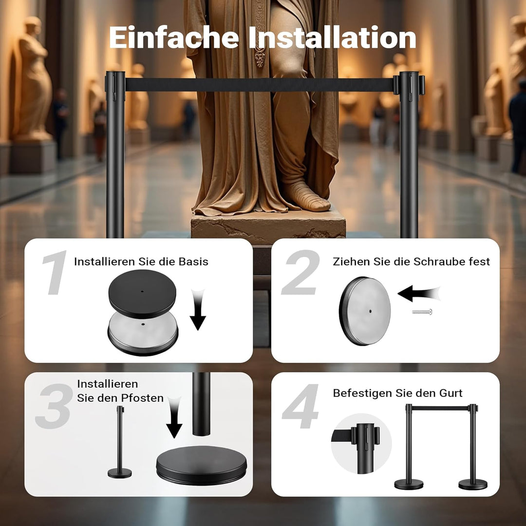 Wiltec mobile Absperrpfosten 32 x 7 x 90 cm in Schwarz mit 200 cm Zugband, Absperrständer aus rostfr