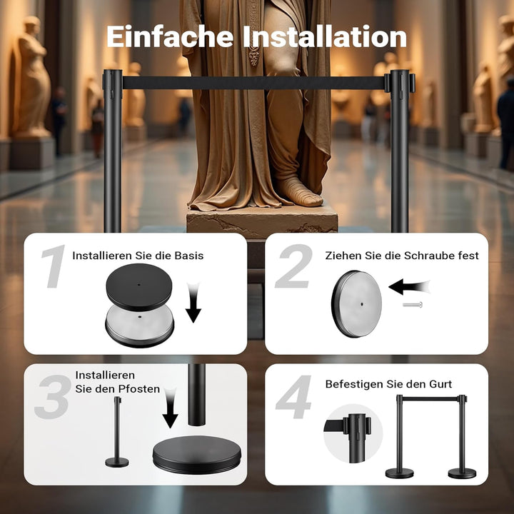 Wiltec mobile Absperrpfosten 32 x 7 x 90 cm in Schwarz mit 200 cm Zugband, Absperrständer aus rostfr