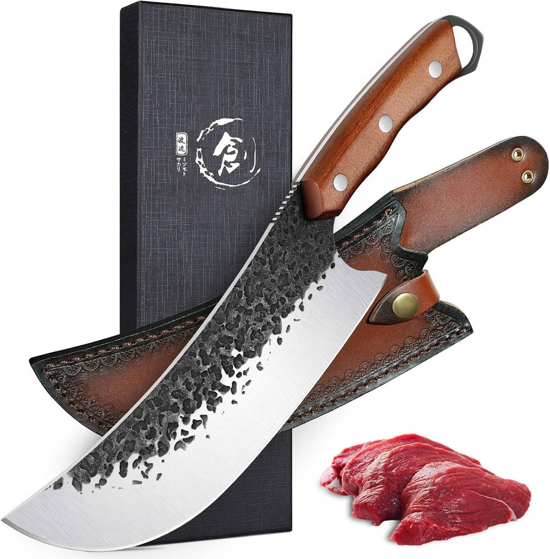 Purple Dragon Messer, Handgeschmiedetes Fleischmesser mit Lederscheide, Ultra Scharfes ATS-34 Hackme