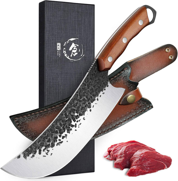 Purple Dragon Messer, Handgeschmiedetes Fleischmesser mit Lederscheide, Ultra Scharfes ATS-34 Hackme