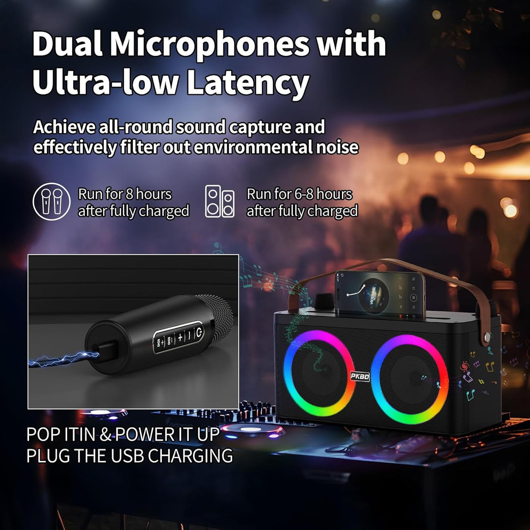 Karaoke Maschine mit Telefon-/Pad-Halterung, Tragbarer Bluetooth-Lautsprecher mit 2 kabellosen Mikro