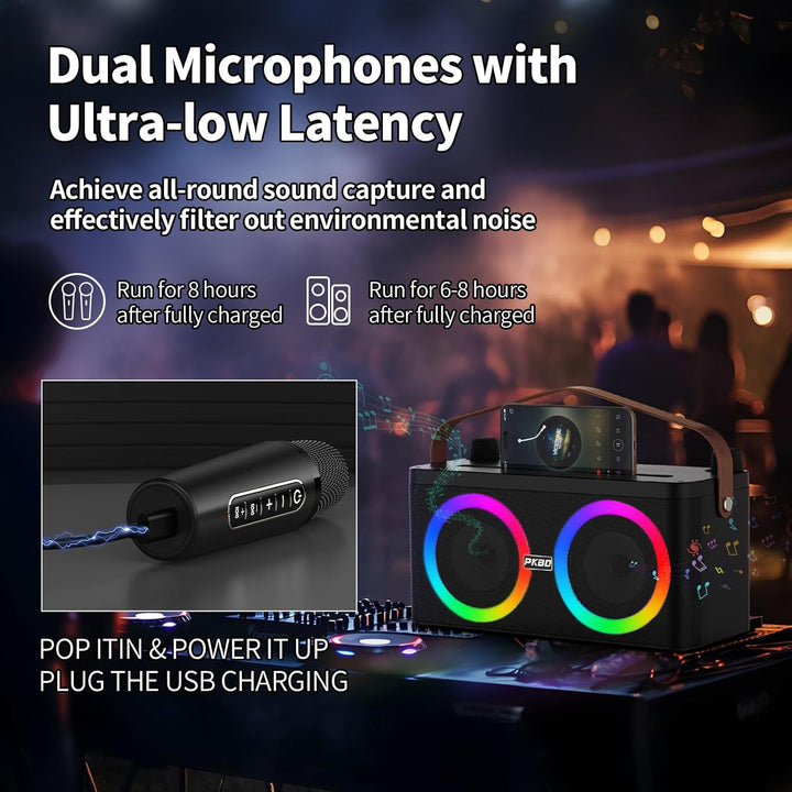 Karaoke Maschine mit Telefon-/Pad-Halterung, Tragbarer Bluetooth-Lautsprecher mit 2 kabellosen Mikro