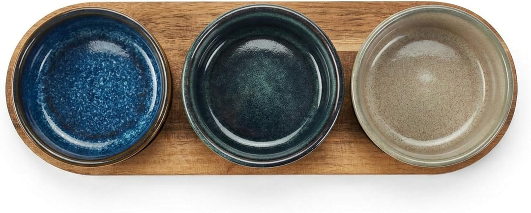 MIJOMA Servierset 4-teilig – Drei Steingut-Schalen in Reactive-Glaze-Tönen – Akazienholz-Tablett FSC