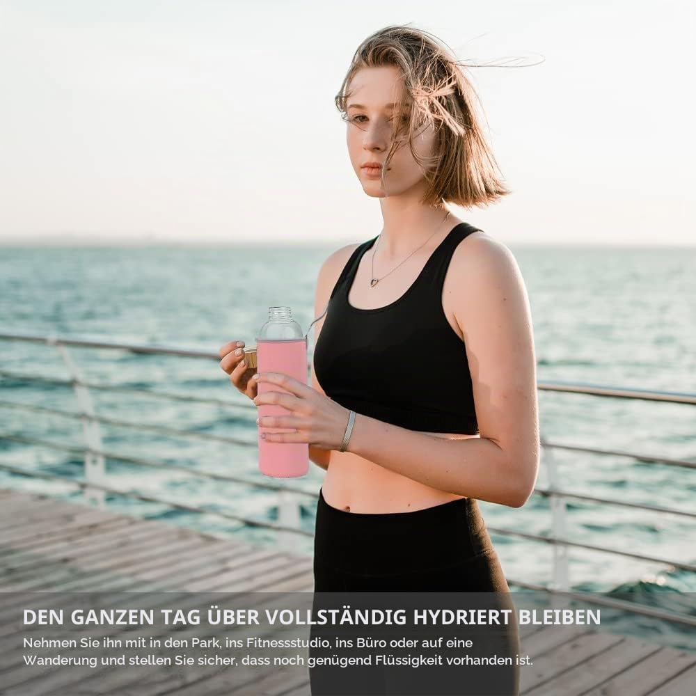 Bugucat Glasflasche 1000 ML, Trinkflasche aus Glas mit chutzhülle，Wasserflasche Auslaufsicher aus Bo