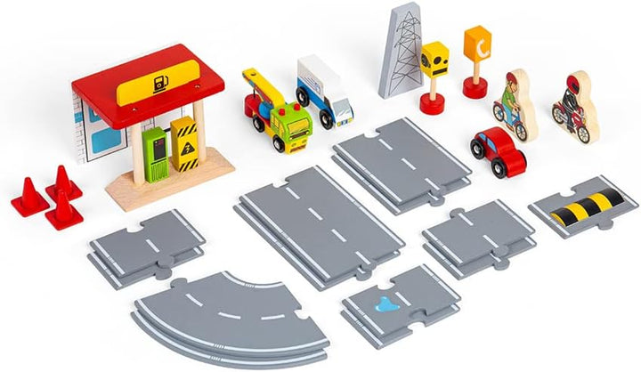 Bigjigs Rail Roadway Car Accessory Pack - 25 Piece Wooden Car Track Accessories with Vehicles, Road