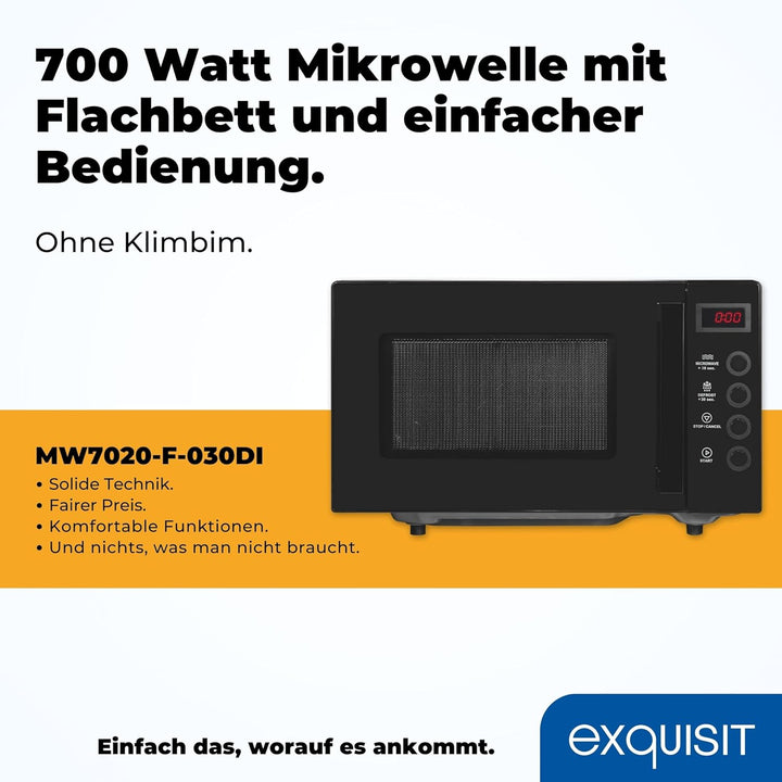 Exquisit Mikrowelle MW7020-F-030DI schwarz | Flatbed | Microwellengerät 700 Watt | Timer | 20 Liter