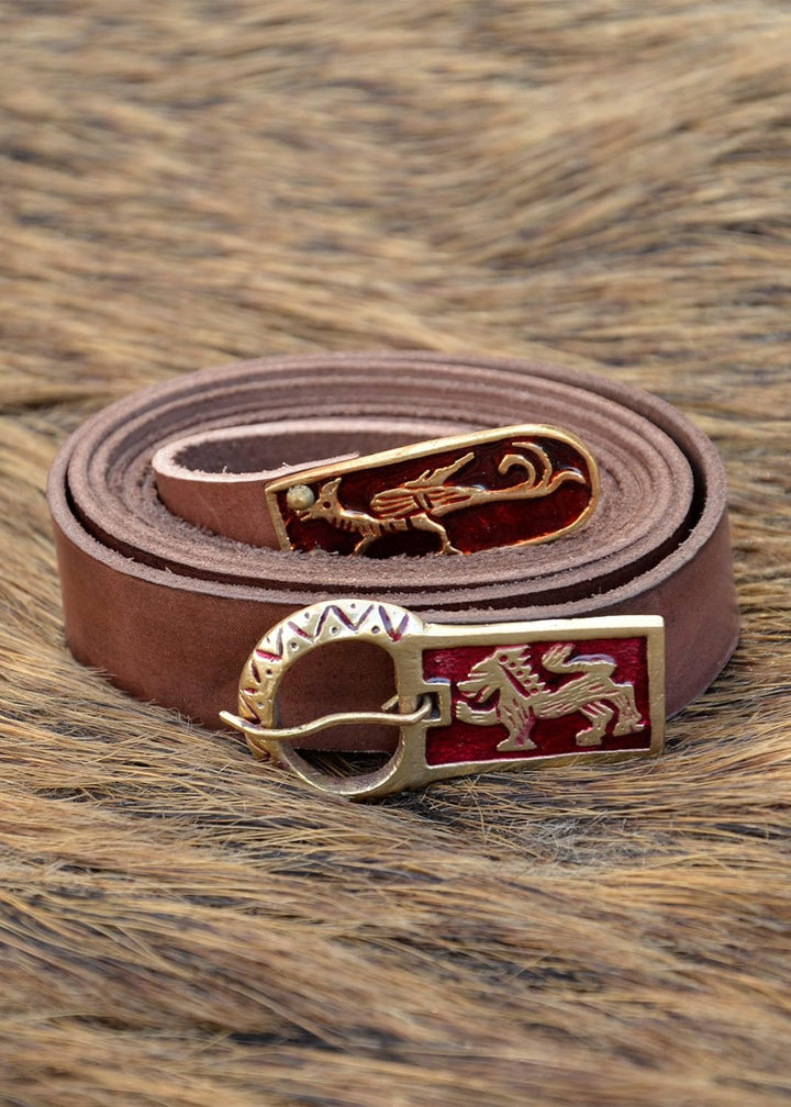 Battle-Merchant Mittelalter Langgürtel mit Greif und Löwenmotiv - LARP Gürtel aus Leder