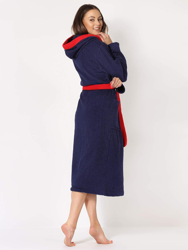 Ladeheid Damen Frottee Bademantel mit Kapuze aus 100% Baumwolle LA40-102 S Dunkelblau-29/Rot-26, S D