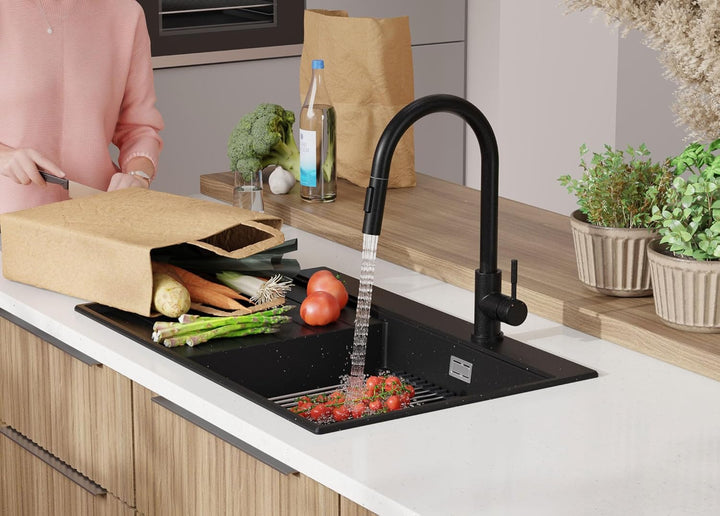 PRIMAGRAN Spülbecken Schwarz Metallic 78x50cm, Granitspüle 1 Becken + Ablauf-Set, Küchenspüle ab 60e
