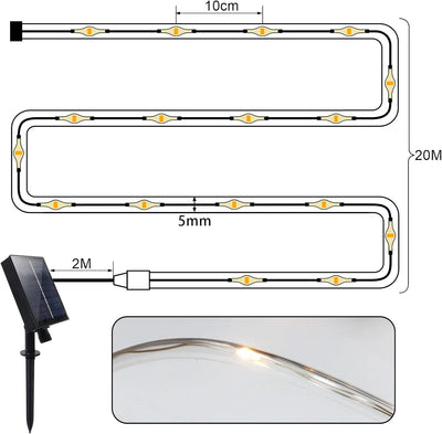 DreiWasser Solar Lichtschlauch, 20M 200 LED Lichterkette Schlauch Glasklar mit Fernbedienung Modi He