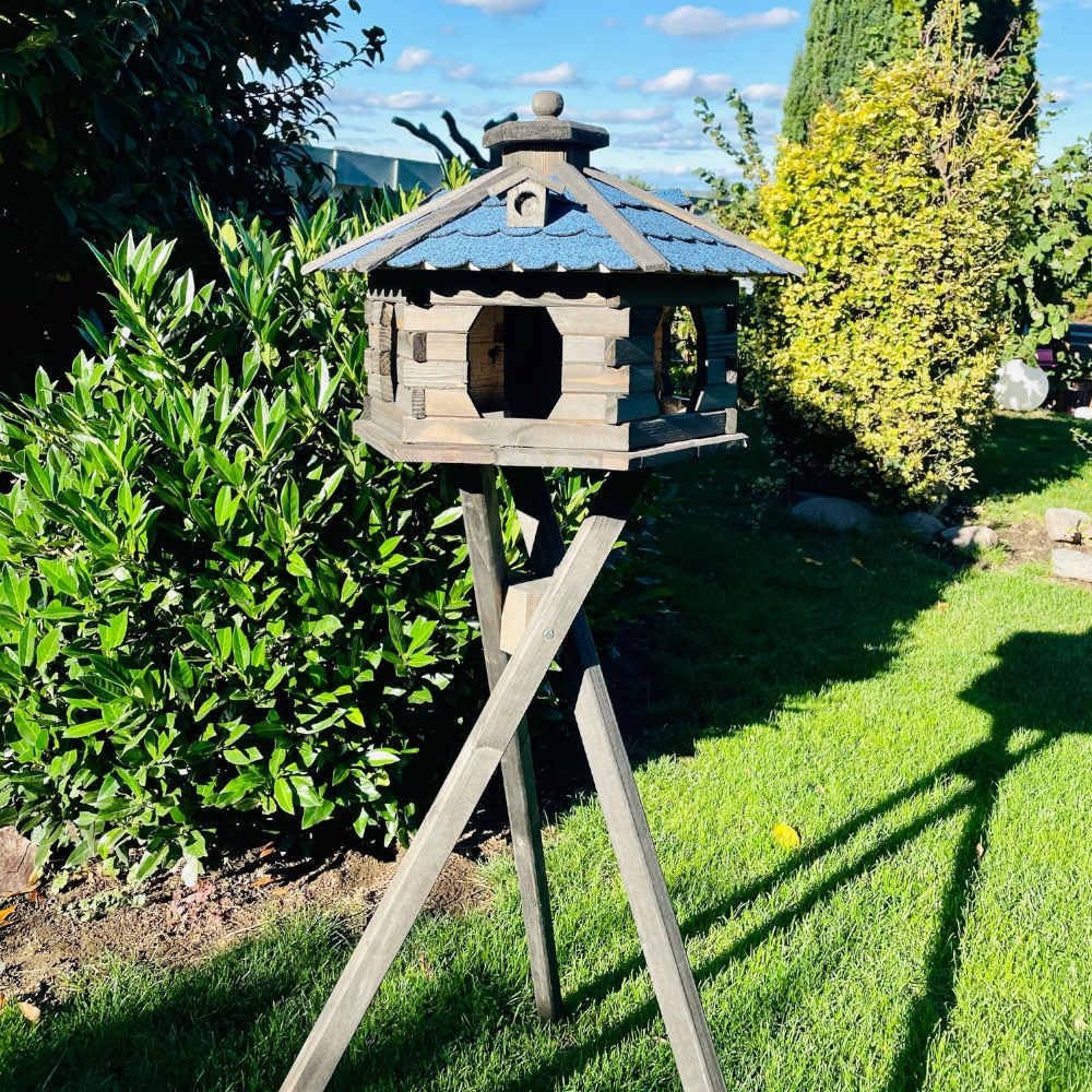 Vogelfutterhaus XL Sechseck Vogelhaus + Ständer Futterstelle Braun/Blau XL mit Ständer Dunkelbraun -