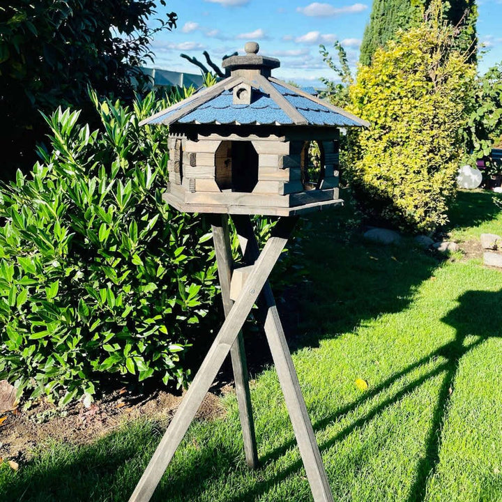 Vogelfutterhaus XL Sechseck Vogelhaus + Ständer Futterstelle Braun/Blau XL mit Ständer Dunkelbraun -